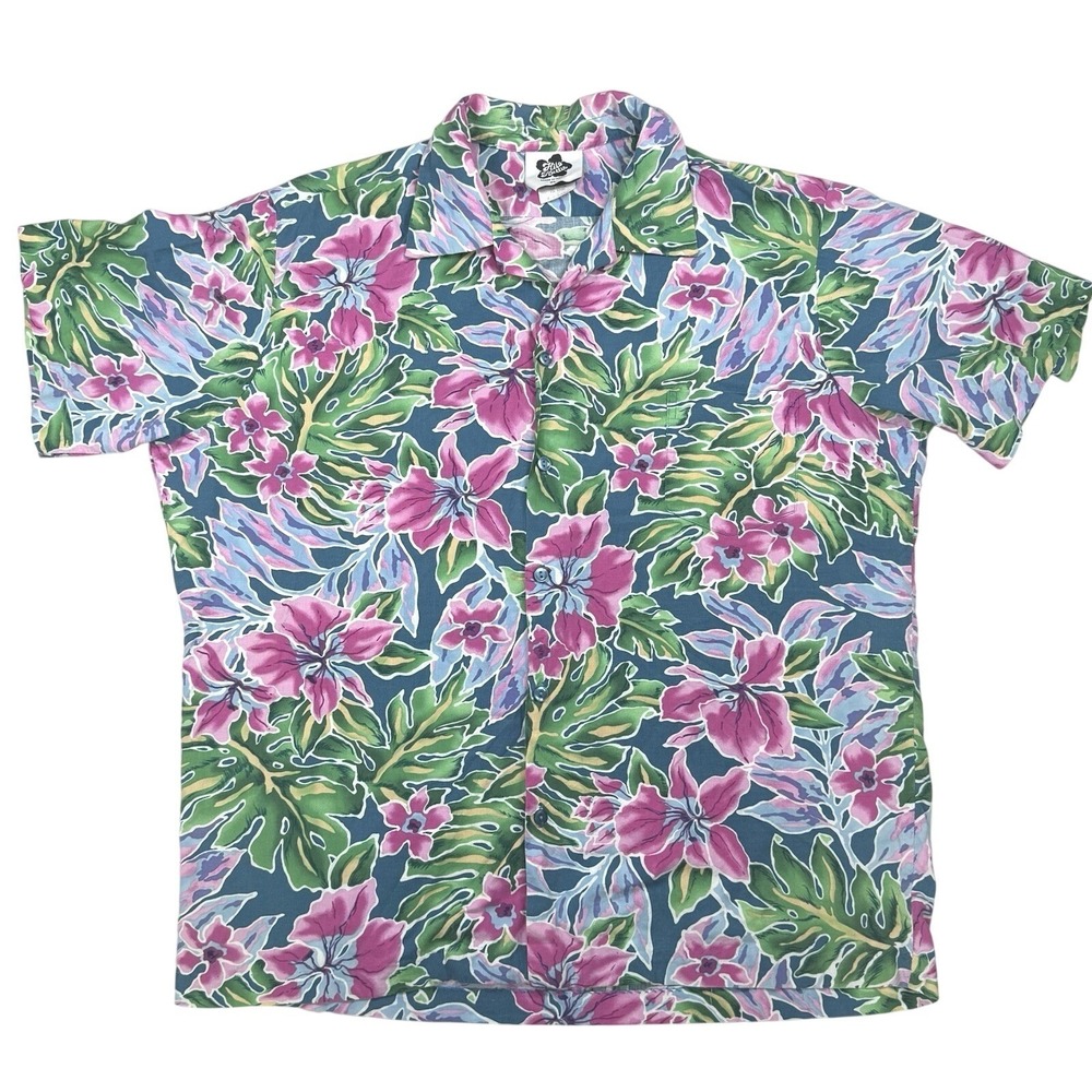 Hilo Hattie Hawaiian Aloha Shirt Men's XL Blue Pink Floral Made in Hawaii USA